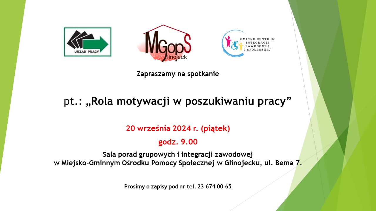 Plakat na spotkanie pt. Rola motywacji w poszukiwaniu pracy w dniu 20.09.2024 roku