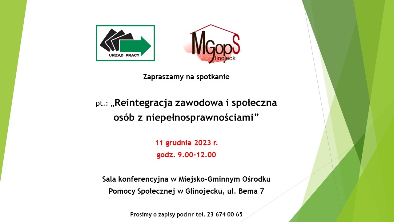 Plakat na spotkanie Reintegracja zawodowa i społeczna osób z niepełnosprawnościami-11.12.2023r