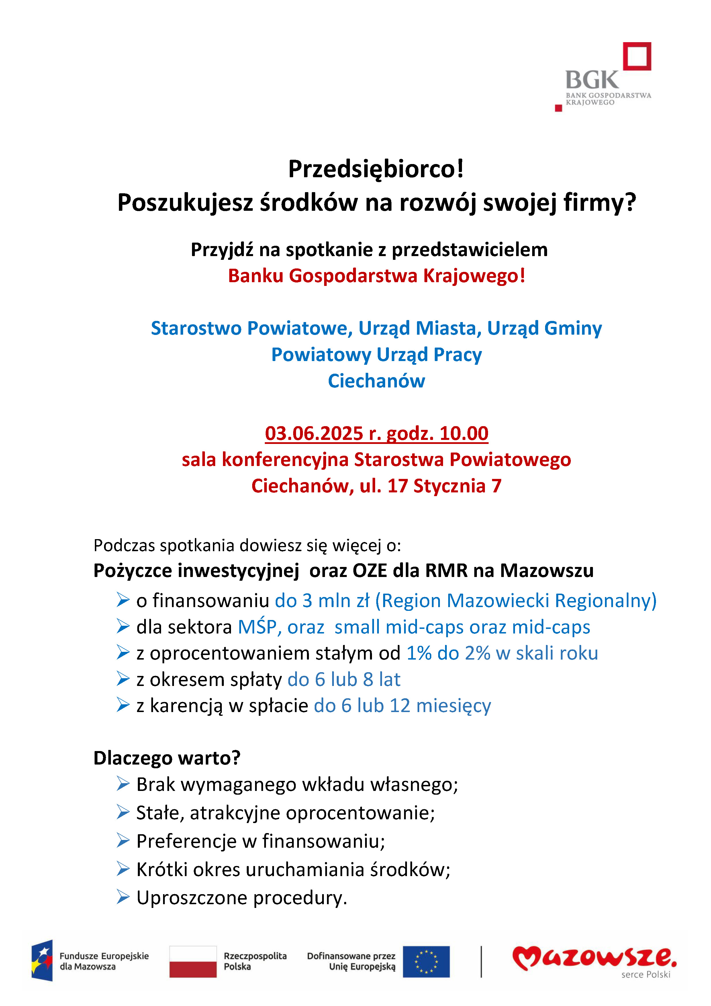 Zdjęcie artykułu Zaproszenie na spotkanie z przedstawicielem Banku Gospodarstwa Krajowego w dniu 03.06.2025r. godz. 10:00