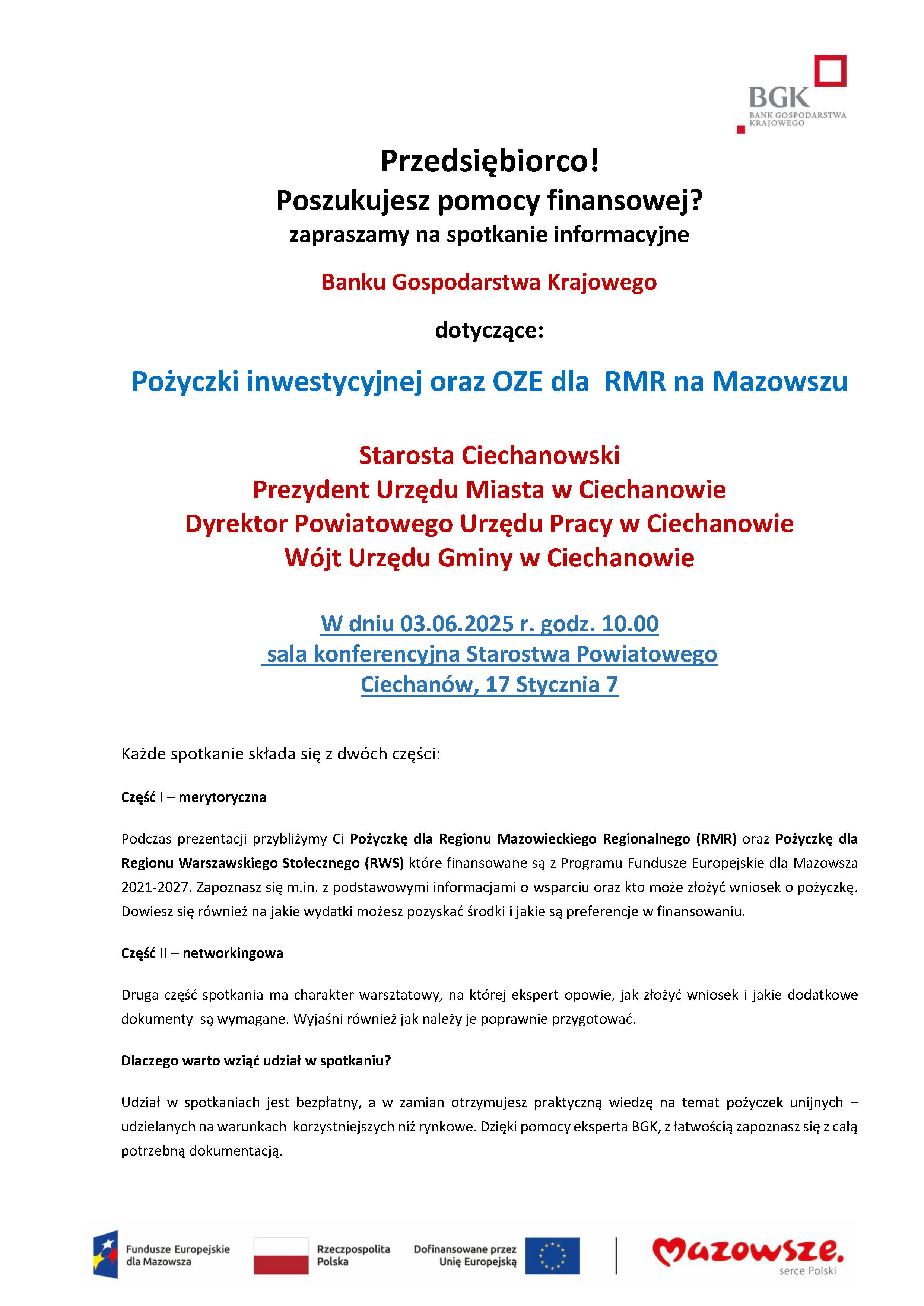Zdjęcie artykułu Zaproszenie na spotkanie z przedstawicielem Banku Gospodarstwa Krajowego w dniu 03.06.2025r. godz. 10:00